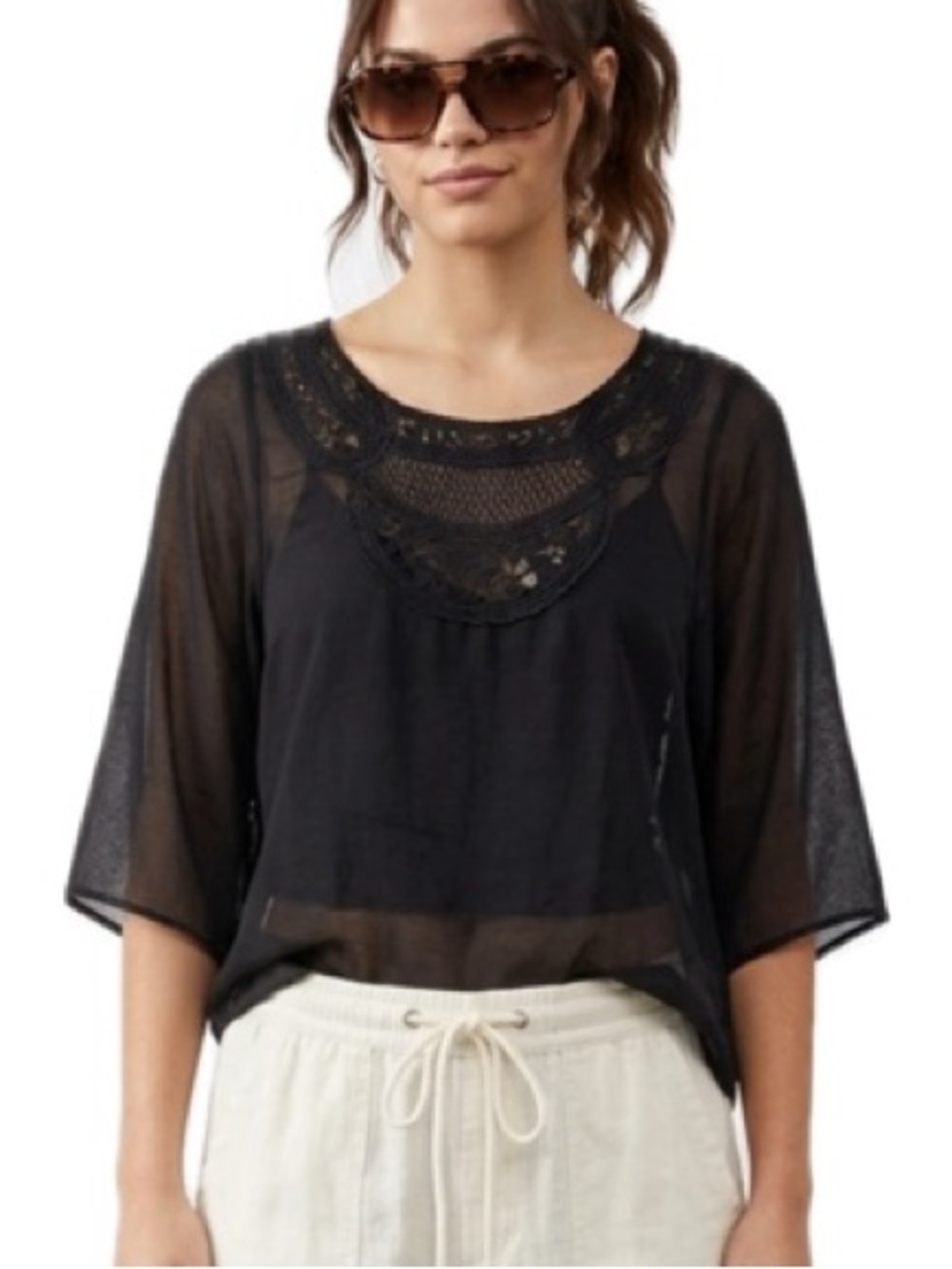 Urban Outfitters Pins and Needles Black Sheer Lace Crochet Neck Top Size XS